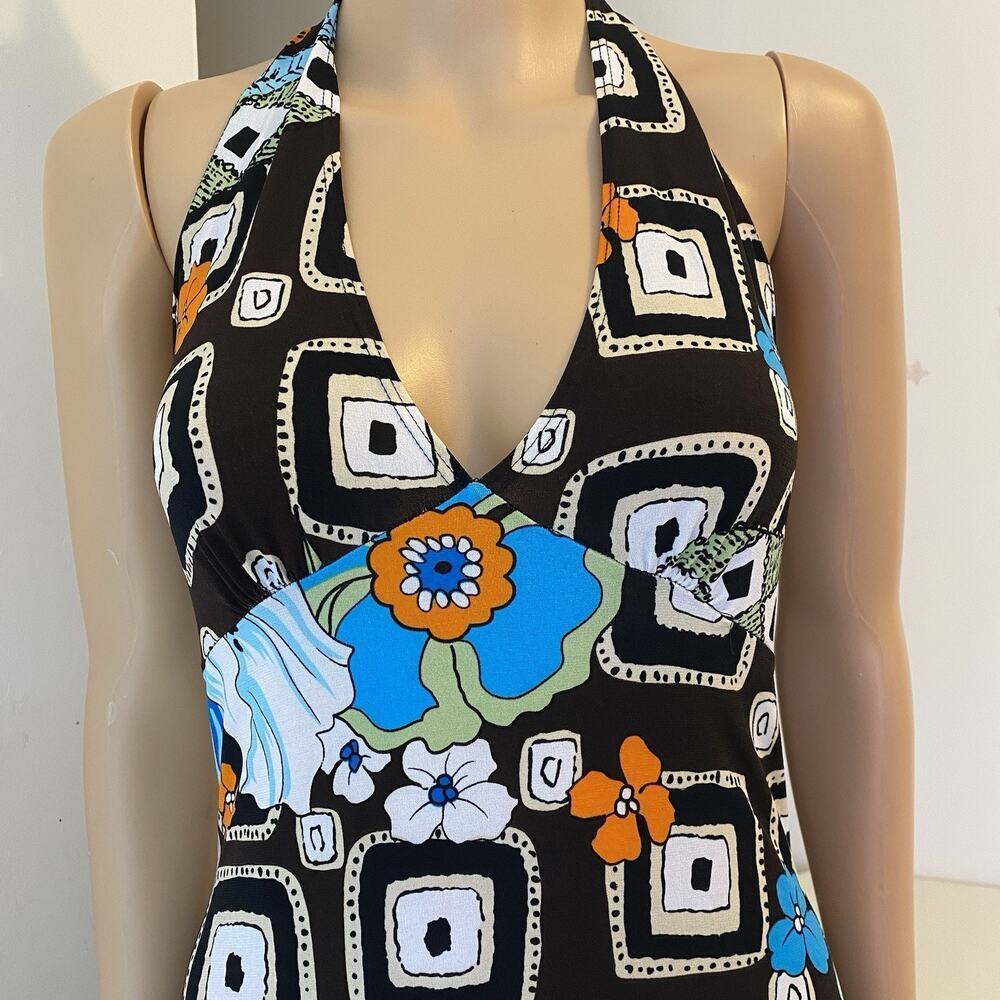 Vintage 90s Y2K Fave’ Babydoll Halter MaxiDress S Floral Stretch Beach Coastal
